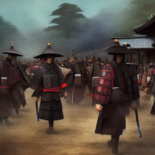 The samurais walking away from the village, with the villagers bowing down to them with respect and gratitude.